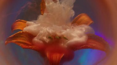 Pigment sıçraması. Duman boyası. Parlak turuncu akarsu lekesi doğal zambakta. Sanat sıvısı mavi bokeh arkaplan etrafında soyut renk değişimi.