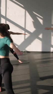 Dikey video. Yoga grubu. Denge egzersizi. Formda insanlar, spor salonundaki spor minderinde bayan fitness eğitmeniyle Asana 'ya pilates dersi veriyor..