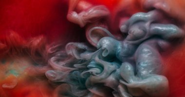 Dönen boya. Mürekkep suyu. Odaklanmamış mavi pembe duman kimyasal madde sıvı dalga sıvısı soyut sanat arka planında hareket ediyor.