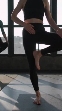 Dikey video. Yoga pratiği. Spor eğitimi. Bir bacak meditasyonu yapan kadın fitness hocası olan grup üyeleri, kapalı spor salonundaki jimnastik sınıfında asana denge egzersizi pozu veriyor..