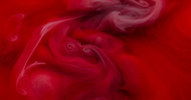 Duman boyası. Akrilik pigment. Odaklanmamış mor kırmızı kırmızı su rengi kimyasal partiküller soyut sanat arka planında büyüyen sis özü.