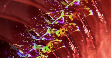 Renk sıçraması. Bulanık ışık yansıması. Çoklu renk parçacıkları lens optik mor mavi bokeh hafif modern arkaplan.