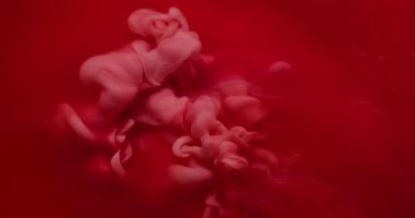 Sıçrama sanatı. Sıvı doku. Odaklanmamış pembe kırmızı renk buharı ıslak parçacıklar kimyasal mürekkep soyut arkaplana dökülüyor.