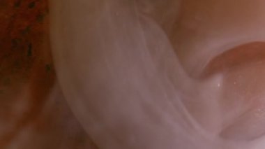 Odaklanamayan akış. Dalga sisi. Fantezi suluboya mürekkep karışımı bulanık sıvı parıldayan turuncu şeftali bej dekoratif soyut arka plan.