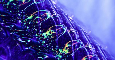 Neon sıçraması. Bulanık ışık yansıması. Çoklu renk parçacıkları lens optik mor mavi bokeh hafif modern arkaplanı açıyor.