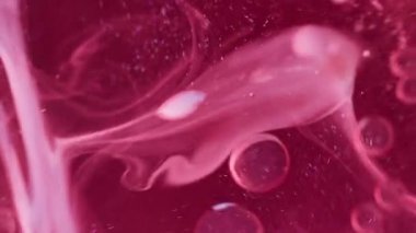 Boya pigmenti. Kabarcık emülsiyonu. Kırmızı, beyaz, parıldayan, boyalı, dumanlı, dumanlı, yağ lekeli, soyut arka planda yüzen bir leke..