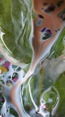 Dikey video. Dalgalı mürekkep. Donmuş parçacıklar. Yeşil dekoratif adalar arasında konfetili boya akışı. Buzlu bitki çözünmüş dokusuna boya dökülüyor..