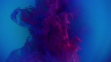 Mürekkep dumanı. Parlayan toz. Mor menekşe dalga sprey akışı mavi neon sıvı yüzeyde yayılıyor. Gizemli su soyut arkaplan parıltısı.