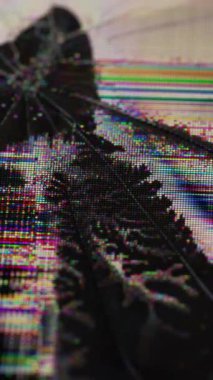 Dikey video. Ekran arızası. Kırık sanat eserleri. Parıldayan renk çizgileri ile bozulmayı göster. Hasarlı dijital gürültü parçalanmış yüzeyin piksel dokusunu kapat.