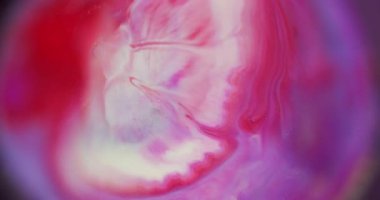 Parlak pigment dalgası. Odaklanmamış boya dokusu. Mor soyut ışıltı arkaplanına yayılan kırmızı beyaz sıvı damlası. Bulanık yuvarlak lens renk çerçevesi.