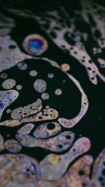 Dikey video. Psikedelik arka plan. Sabun gökkuşağı. Odaklanmamış mor yeşil sıvı yağ eğrisi koyu siyah, bulanık ışık soyut sanat üzerinde akrilik kaygan.