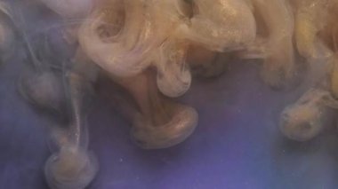 Parlayan bulut. Duman parçası. Odaklanmamış sarı renk buharı sıvı boya mürekkebi deseni soyut sanat arka planında.