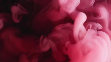 Sanat bulutu. Mürekkep dumanı. Pembe kırmızı sıvı girdap patlaması. Boyalı su peçesi renkli, soyut fantezi, odaklanmış siyah arkaplan..