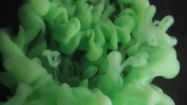 Sis sıvısı. Boya yayılmış. Siyah arka planda yeşil sisli bukle akıntısı sıçraması. Odaklanmamış sanat soyut fantezi akış boya çekimi.