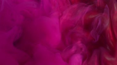 Sis akışı. Sanat sıvısı. Siyah su yüzeyinde pembe, parlak kırmızı neon boya patlaması. Soyut duman sıçrama renk dökülmesi çözünmüş arkaplan.