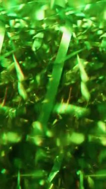 Dikey video. Soyut bulanıklık. Yanıp sönen ışıklar. Parlayan parlak yeşil mor parçacıklar parlak parlak mercek alevi Bokeh ışık arka planında hareket ediyor.