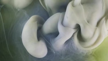 Buhar akışı. Fantezi sıvısı. Yeşil gri menekşe rengi boya sis dalgası girdap karışımı soyut arkaplan. Bulanık çözünen boya suyu sıçraması.