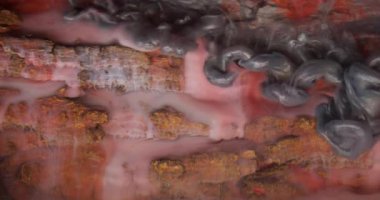 Duman dokusu. Arkaplanı boya. Odaklanmamış gri turuncu renkli duman ahşap kabuk girdap pigmenti akrilik soyutlama üzerine yayılıyor.