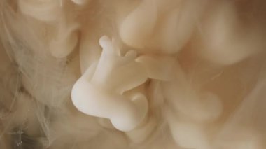 Sis dalgası. Duman karışımı. Bej rengi kahverengi girdap dumanı suya mürekkep damlatıyor. Mistik sıvı bulut esintisi soyut odaklanmış arkaplanı sıçratır.