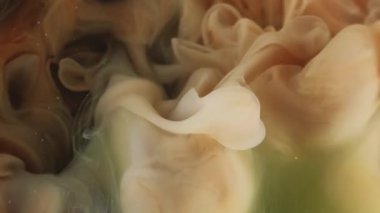 Sis dalgası. Boya akışı. Bulanık suda yüzen kahverengi gri bej peçe. Soyut mistik sanatsal sis sıçrama renk pigment arkaplanı.