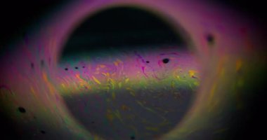 Odaklanamayan boya gezegeni. Spektrum mürekkep sıvısı. Yağ deterjanı mercek çerçevesi etrafında akar. Renkli boya pembe sarı yörünge kozmik siyah arkaplan.