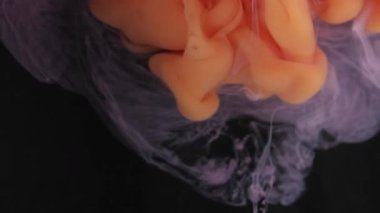 Suluboya kokusu. Duman karışımı. Suya turuncu pembe duman damlası patlaması. Renk bulutu üfleme bulanıklığı siyah arkaplanda soyut doku sıçraması.
