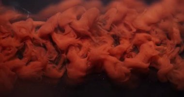 Turuncu mürekkep. Işıldayan arka plan. Koyu siyah akrilik soyutlama üzerinde yüzen parlak renk girdap dumanı sıvısı..