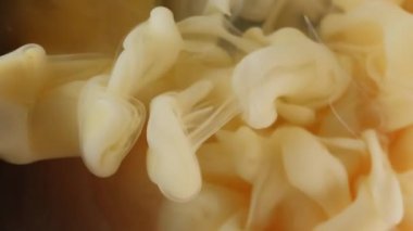 Duman sıçrıyor. Sis mürekkebi. Kıvırcık bej boya, pembe şeftali suyu. Renkli sanat sisi fantezi spreyi patlama sıvısı arka planı bulanık.