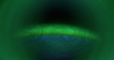 Neon ışığı. Renk akışı boyası. Odaklanamayan yeşil canlı doku soyut koyu siyah arkaplanda yüzen gökkuşağı simli sıvı damlasını daire içine alıyor..