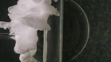 Dikey video. Küre boyası. Sıçrama akışı. Odaklanmamış beyaz renk bulut dokusu şeffaf yuvarlak baloncuk soyut sanat koyu siyah arkaplan üzerinde yüzüyor.