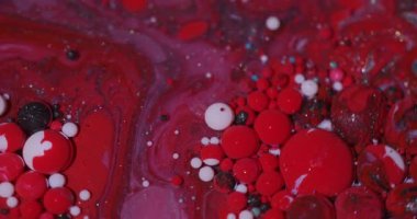 Mürekkep parlatıcısı. Sıvıyı bırak Bulanık kırmızı, mor, renkli, parlak damlacıklar soyut, yaratıcı akrilik arka planda yüzen yağ dokusu sıvısı..