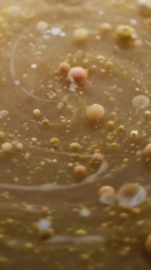 Dikey video. Girdabı boya. Yağ damlası akışı. Katmanlı mermer dairesel spin karışımı su soyut çözülmüş arka planda kahverengi bej mürekkep topları etrafında.