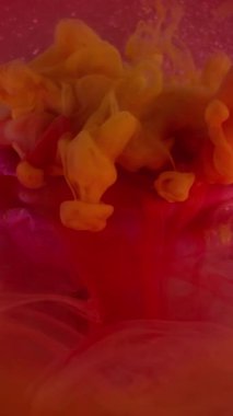 Dikey video. Parlak duman. Sanat doğası. Yuvarlak sis, gül yaprağında kırmızı turuncu duman boyası patlamış. Doğa çiçeği soyut bulanık su arkaplanını karıştır .