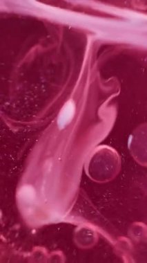 Dikey video. Sanat sıvısı. Kabarcık emülsiyonu. Pembe, beyaz, pırıl pırıl parlayan boya, bulanık duman dokusu, akrilik yağ damlası, soyut arka planda yüzüyor..