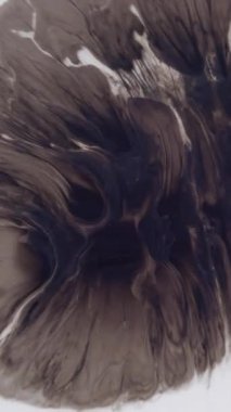 Dikey video. Boya akışı. Suluboya kokusu. Boşluğu dolduran fantezi siyah sıvı sisli mürekkep. Yaratıcı sanat soyut arka plan beyaz boya suyu döküyor.