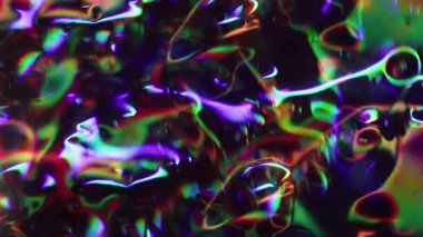 Flüoresan ışığı. Odaklanamayan parıltı. Pırıl pırıl yeşil mor sarı renkli mercek koyu siyah soyut modern arkaplanı açıyor..