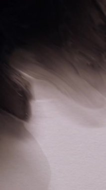 Dikey video. Boyayı yayıyorum. Grunge sıvısı. Pürüzsüz siyah suluboya, ıslak beyaz kağıda dökülmüş. Kirlilik, odaklanmış olmayan soyut arkaplanı açığa çıkarıyor.