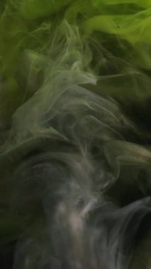 Dikey video. Sis dalgası. Grunge dumanı. Koyu duman parıltılı yüzeyde yayılır. Suyun soyut arka planında karmaşık kıvrımlarla süslenmiş yeşil boya..
