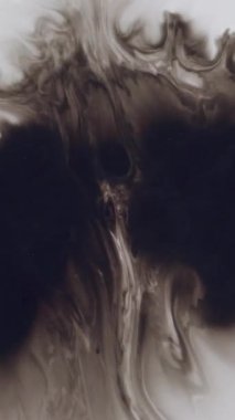 Dikey video. Mürekkep damlası. Suluboya yayılmış. Tek renkli bulanık siyah boya, beyaz soyut arkaplan. Kimyasal reaksiyon ıslak leke lekesi yüzeyi.