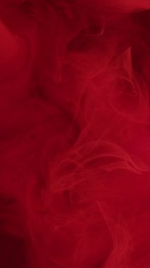 Dikey video. Mistik boya. Kırmızı sis. Sis rengi bulanıklık ve soyut bir arka plan. Parlak mürekkep suda çözülür. Küçük parçacıklarla karışır..