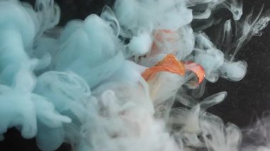 Renkli çiçek patlaması. Boya sıvısını karıştır. Odaklanmamış mavi turuncu duman dumanı. Soyut sanat üzerine zambak bitkisi. Karanlık arka plan..