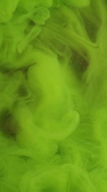 Dikey video. Yeşil duman. Mistik sis. Renk girdaplarından oluşan havadar kırılgan su örtüsü. Fantezi bulutlu kabarık boya, parlak soyut arka plana dökülmüş..