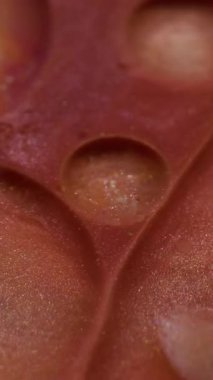 Dikey video. Parlak mürekkep. Yağ kabarcıkları. Büyük yuvarlak yuvarlak yuvarlak yüzen kahverengi köpüklü sıvı. Sanatsal maddenin hipnotik karıştırılması soyut arkaplan.