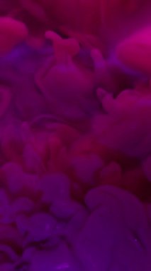 Dikey video. Duman dalgası. Puf boyası. Pembe girdaplı bulanık bulutlar neon renkli suda akıyor. Işıldayan fantezi bulutu örtüsü sanat soyut akış arka planı .