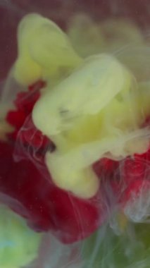 Dikey video. Sanat buharı. Karanfil dumanı. Çiçek doğasında sarı beyaz sisli boya karışımı kırmızı taç yaprağı soyut arkaplan su pigmenti..