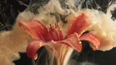 Çiçek sanatı. Arkaplanı boya. Odaklanmamış kırmızı renk ıslak zambak doğası sarı parlak duman dokusu hareketi koyu siyah soyutlama üzerine.