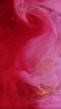 Dikey video. Fütürist duman. Geometrik çember. Odaklanmamış pembe renkli sis dumanı soyut altın sanat arka planına mürekkep boyası deseni sıçratıyor..