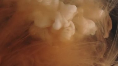 Kimyasal mürekkep karışımı. Suyu boya. Odaklanmamış turuncu renkli ruhani bulut damlası sıvısı soyut kara sanat arka planında hareket ediyor.