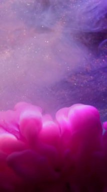 Dikey video. Göz kamaştırıcı bir parıltı. Renk bulutu. Pembe pembe duman mürekkebi parıldayan neon sıvısıyla doluyor. Fantezi karışımı bulanık boya suyu soyut arkaplan .