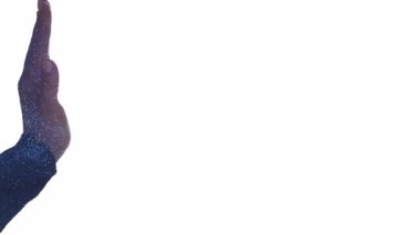 Dikey video. Güzellik reklamı. Yüz kozmetolojisi. Çift pozlu sisli kadın silueti. Avuç içi açık, beyaz boş arkaplanda izole edilmiş..